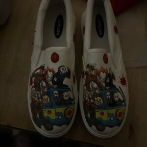 White Slip-On Shoes with horror movie  Print hand painted